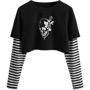 imageSweatyRocks Womens Color Block Butterfly Print Striped Long Sleeve Crop Top T ShirtBlack Striped