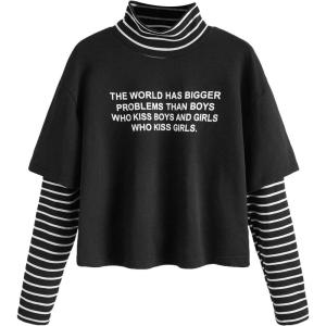 imageSweatyRocks Womens Color Block Butterfly Print Striped Long Sleeve Crop Top T ShirtBlack White Letter