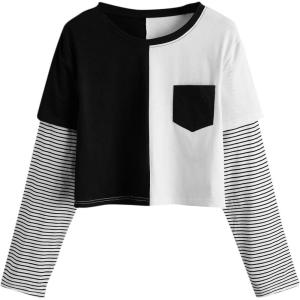 imageSweatyRocks Womens Color Block Butterfly Print Striped Long Sleeve Crop Top T ShirtBlack White Stripe