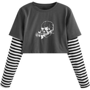 imageSweatyRocks Womens Color Block Butterfly Print Striped Long Sleeve Crop Top T ShirtDark Grey