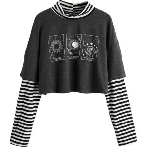 imageSweatyRocks Womens Color Block Butterfly Print Striped Long Sleeve Crop Top T ShirtDeep Grey Stripe