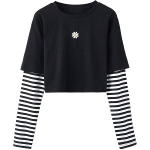 imageSweatyRocks Womens Color Block Butterfly Print Striped Long Sleeve Crop Top T ShirtFloral Black White