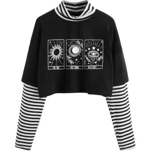 imageSweatyRocks Womens Color Block Butterfly Print Striped Long Sleeve Crop Top T ShirtGraphic Black White