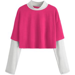imageSweatyRocks Womens Color Block Butterfly Print Striped Long Sleeve Crop Top T ShirtHot Pink White