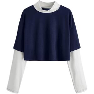 imageSweatyRocks Womens Color Block Butterfly Print Striped Long Sleeve Crop Top T ShirtNavy Blue White
