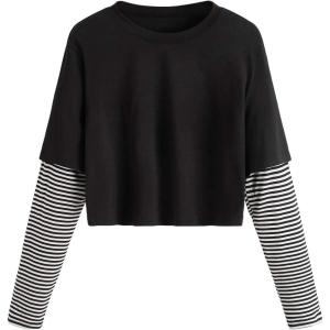imageSweatyRocks Womens Color Block Butterfly Print Striped Long Sleeve Crop Top T ShirtPlain Black