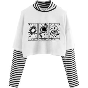 imageSweatyRocks Womens Color Block Butterfly Print Striped Long Sleeve Crop Top T ShirtStriped White