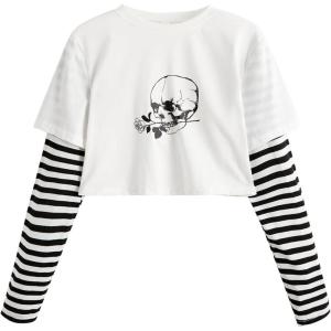 imageSweatyRocks Womens Color Block Butterfly Print Striped Long Sleeve Crop Top T ShirtWhite Skull