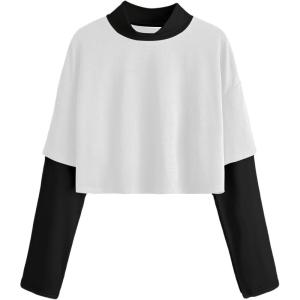 imageSweatyRocks Womens Color Block Butterfly Print Striped Long Sleeve Crop Top T ShirtWhite and Black