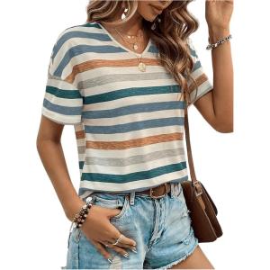 imageSweatyRocks Womens Colorful Striped Drop Shoulder T Shirts V Neck Short Sleeve Retro Tee TopsBlue
