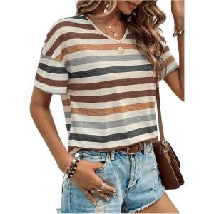 imageSweatyRocks Womens Colorful Striped Drop Shoulder T Shirts V Neck Short Sleeve Retro Tee TopsBrown