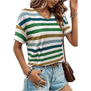 imageSweatyRocks Womens Colorful Striped Drop Shoulder T Shirts V Neck Short Sleeve Retro Tee TopsGreen