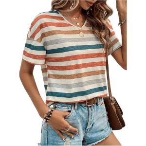 imageSweatyRocks Womens Colorful Striped Drop Shoulder T Shirts V Neck Short Sleeve Retro Tee TopsMulticolor