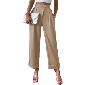 imageSweatyRocks Womens Elegant High Waist Roll Up Hem Pleated Wide Leg Pants with PocketBeige