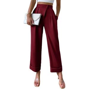 imageSweatyRocks Womens Elegant High Waist Roll Up Hem Pleated Wide Leg Pants with PocketBurgundy