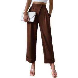 imageSweatyRocks Womens Elegant High Waist Roll Up Hem Pleated Wide Leg Pants with PocketCoffee Brown