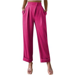 imageSweatyRocks Womens Elegant High Waist Roll Up Hem Pleated Wide Leg Pants with PocketHot Pink