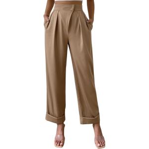 imageSweatyRocks Womens Elegant High Waist Roll Up Hem Pleated Wide Leg Pants with PocketKhaki