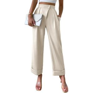 imageSweatyRocks Womens Elegant High Waist Roll Up Hem Pleated Wide Leg Pants with PocketWhite