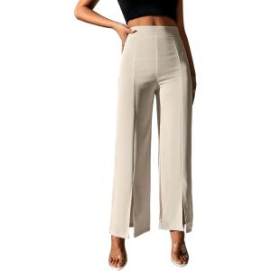 imageSweatyRocks Womens Elegant High Waisted Split Hem Long Pants Straight Leg Zipper Fly Work Office TrousersBeige