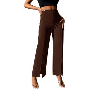 imageSweatyRocks Womens Elegant High Waisted Split Hem Long Pants Straight Leg Zipper Fly Work Office TrousersBrown
