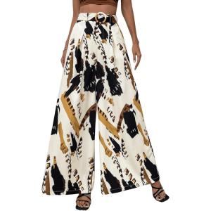 imageSweatyRocks Womens High Waist Belted Pockets Pants Graphic Print Wide Leg Loose Palazzo Pants TrousersBeige