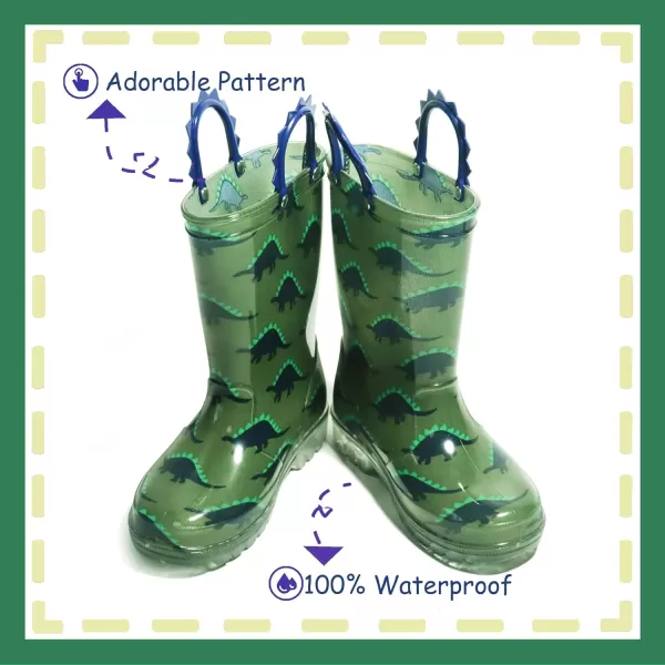 imageOutee Toddler Kids Adorable Lightwight Waterproof Rain Boots Light Up by StepsBlgn Dinosaur