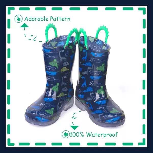 imageOutee Toddler Kids Adorable Lightwight Waterproof Rain Boots Light Up by StepsDinosaur Navy