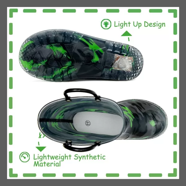 imageOutee Toddler Kids Adorable Lightwight Waterproof Rain Boots Light Up by StepsGreen Black Camo