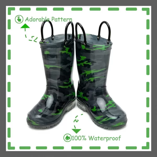 imageOutee Toddler Kids Adorable Lightwight Waterproof Rain Boots Light Up by StepsGreen Black Camo