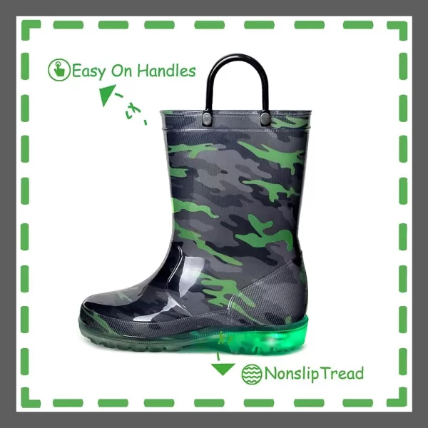imageOutee Toddler Kids Adorable Lightwight Waterproof Rain Boots Light Up by StepsGreen Black Camo