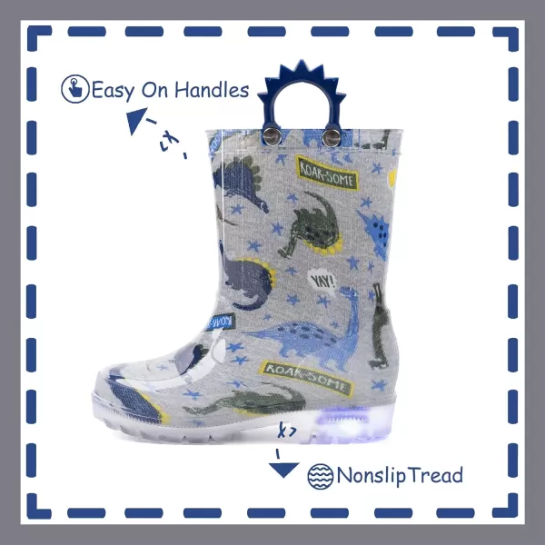 imageOutee Toddler Kids Adorable Lightwight Waterproof Rain Boots Light Up by StepsGrey Dinosaur