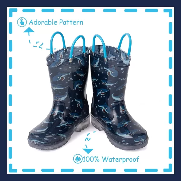 imageOutee Toddler Kids Adorable Lightwight Waterproof Rain Boots Light Up by StepsNavy Shark