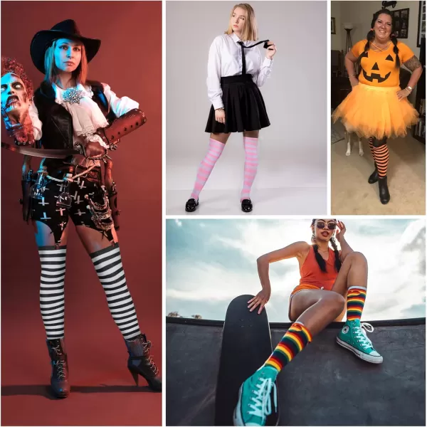 Zando Womens Stripes Thin Tube Socks Thigh High Tights Over Knee Socks Casual Knee High Stockings Striped Thigh Highs