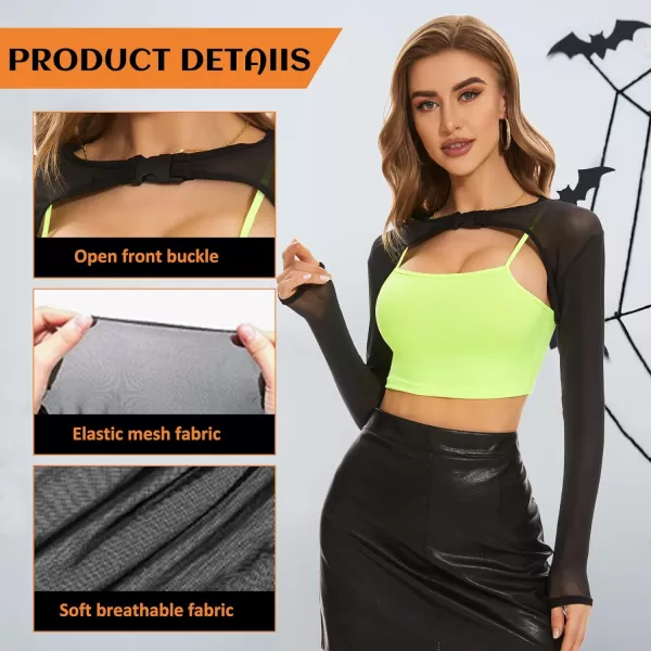See Through Halloween Mesh Crop Top Long Sleeve Rave Top for Women Festival Tops Outfit Sheer Open Front Fishnet Cover Up
