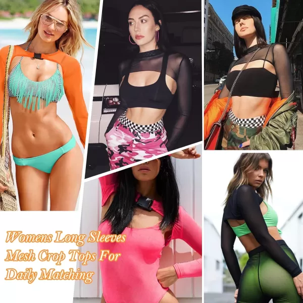 See Through Halloween Mesh Crop Top Long Sleeve Rave Top for Women Festival Tops Outfit Sheer Open Front Fishnet Cover Up