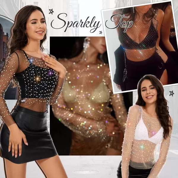 Zando Women Pearl Rhinestone Top See Through Tops Long Sleeve Mesh top Going Out Tops Beaded Shirts