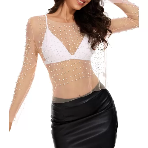 Zando Women Pearl Rhinestone Top See Through Tops Long Sleeve Mesh top Going Out Tops Beaded Shirts