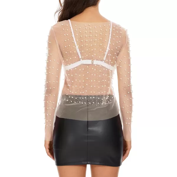 Zando Women Pearl Rhinestone Top See Through Tops Long Sleeve Mesh top Going Out Tops Beaded Shirts