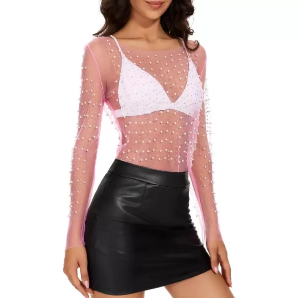 Zando Women Pearl Rhinestone Top See Through Tops Long Sleeve Mesh top Going Out Tops Beaded Shirts