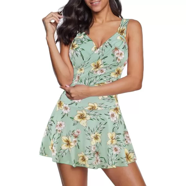 Zando Womens Swimsuits Tummy Control Swim Dress One Piece Swimsuit Plus Size Swimwear V Neck Bathing Suits Swim Dress