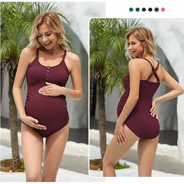 Zando Maternity Swimsuit One Piece Maternity Bathing Suits for Women Button Cross Straps Stretch Pleats Pregnancy Swimwear