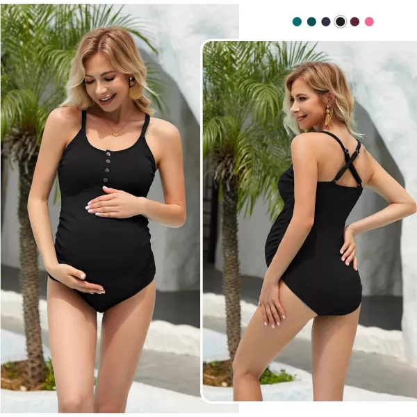 Zando Maternity Swimsuit One Piece Maternity Bathing Suits for Women Button Cross Straps Stretch Pleats Pregnancy Swimwear