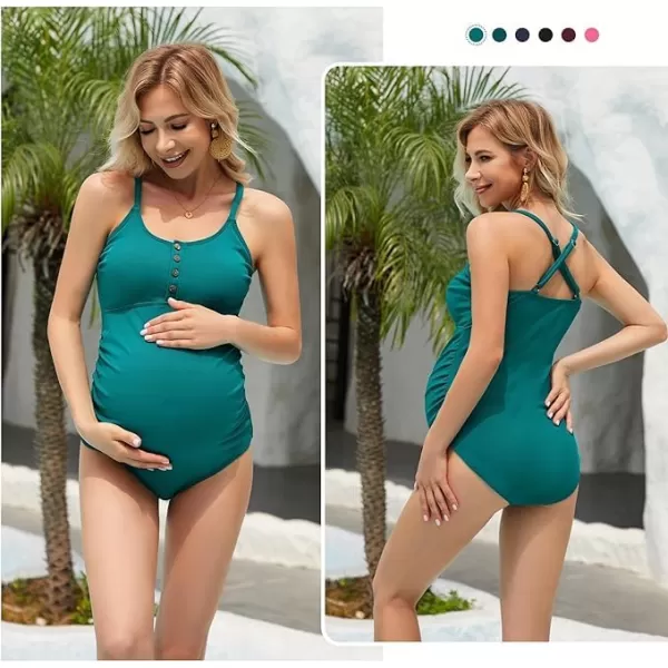 Zando Maternity Swimsuit One Piece Maternity Bathing Suits for Women Button Cross Straps Stretch Pleats Pregnancy Swimwear