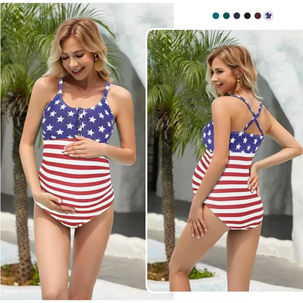 Zando Maternity Swimsuit One Piece Maternity Bathing Suits for Women Button Cross Straps Stretch Pleats Pregnancy Swimwear