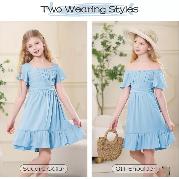 Zando Grils Dress 2024 Tie Back Dress for Grils Ruffle Short Sleeve Dresses A-Line Party Dress Off Shoulder Dress 6-16 Years