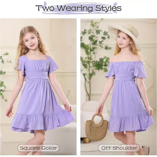 Zando Grils Dress 2024 Tie Back Dress for Grils Ruffle Short Sleeve Dresses A-Line Party Dress Off Shoulder Dress 6-16 Years