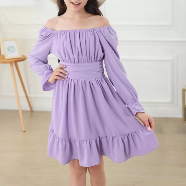 Zando Grils Dress 2024 Tie Back Dresses Long Sleeve Dress for Grils Off Shoulder Solid Color Dresses for Weddings 6-14 Years