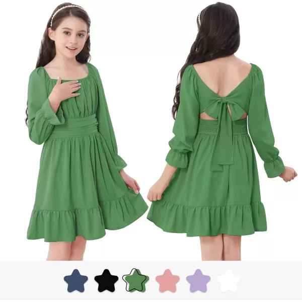 Zando Grils Dress 2024 Tie Back Dresses Long Sleeve Dress for Grils Off Shoulder Solid Color Dresses for Weddings 6-14 Years