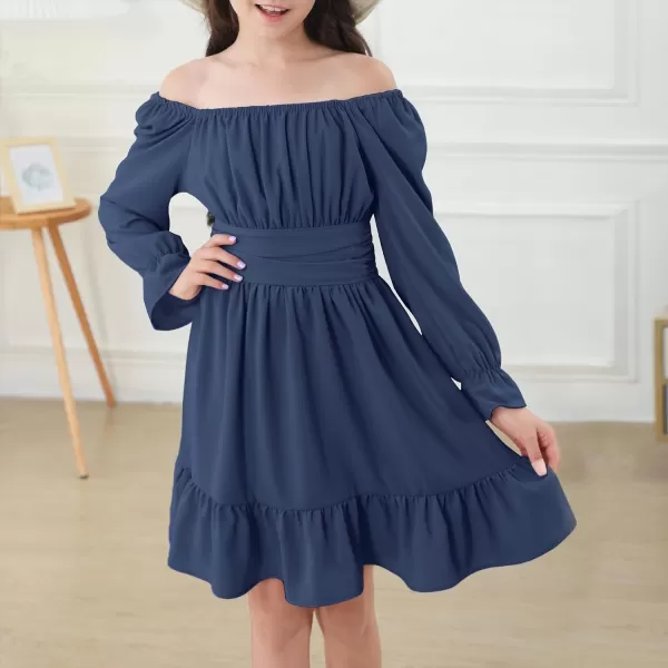 Zando Grils Dress 2024 Tie Back Dresses Long Sleeve Dress for Grils Off Shoulder Solid Color Dresses for Weddings 6-14 Years